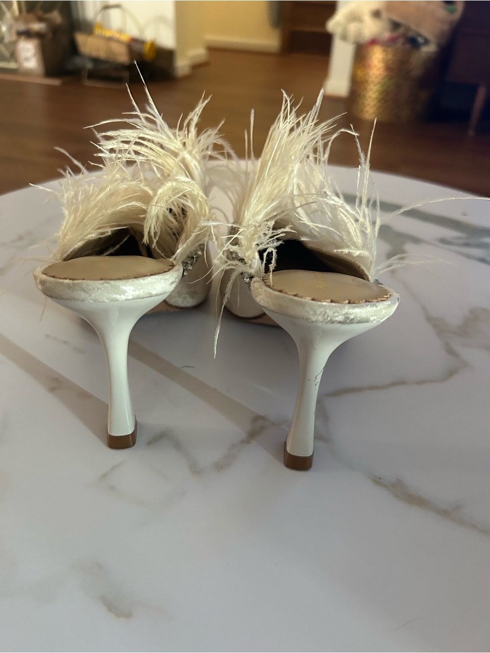 Nicola Bathie Ivory Satin Feather Trim Rhinestone Mules - Picture 2 of 4